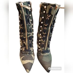Camouflage Pointy Toe Faux Pearl Studs Stitch Lacing Stiletto Ankle Boots